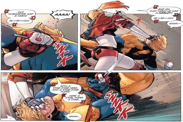 harley quinn golpeando a booster gold
